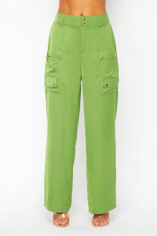 Satin Cargo Pocket Wide Leg Pants Soft Stretch Trousers