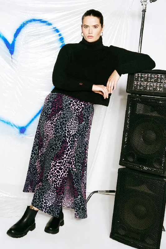 Khaki and Pink Spliced Leopard Split Front Skirt leather skirt sleek