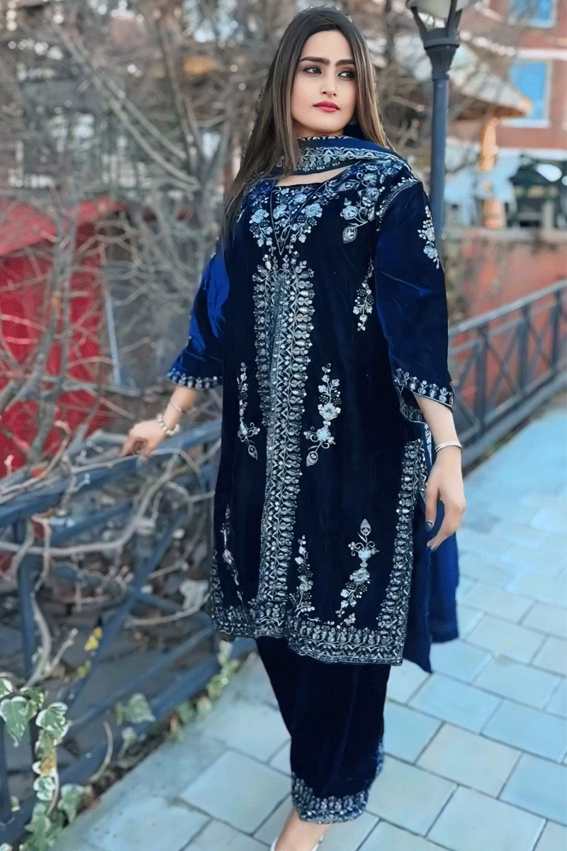 Navy Blue Color Punjabi Style Velvet Dress Tunics Party sparkling