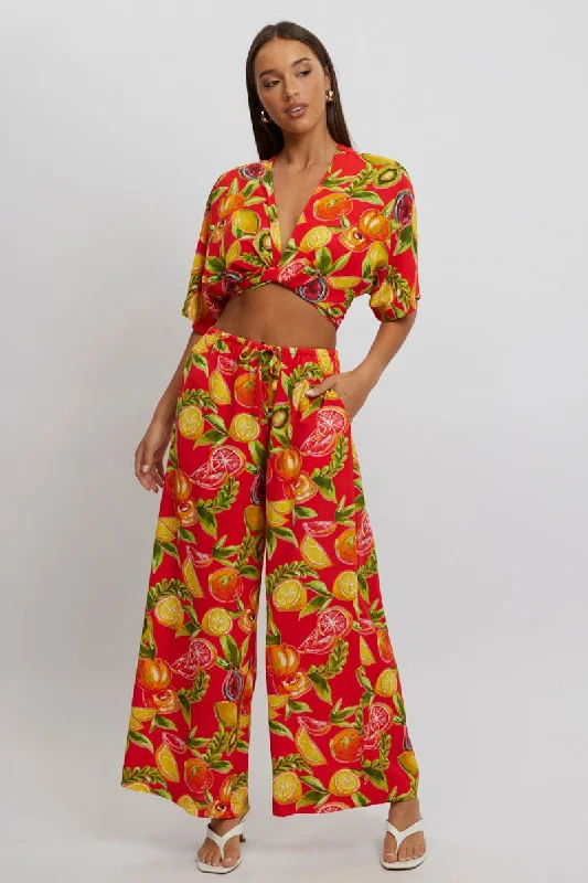 Red Abstract Wide Leg Pants High Rise Relaxed Fit Trousers