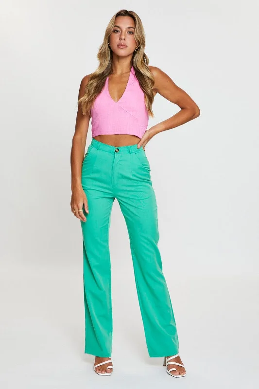 Green Wide Leg Pant High Rise Relaxed Linen Pants