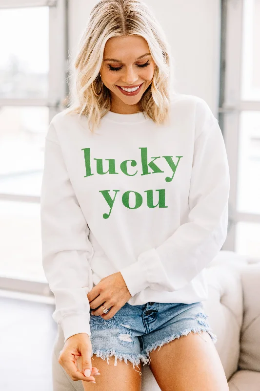 Lucky You White Graphic Sweatshirt Hoodie with Longline Fit Extended Stylish
