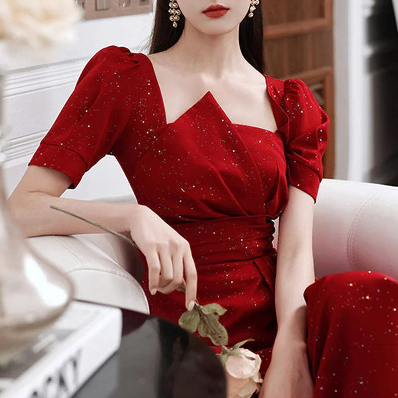 Wjczt French Vintage Summer Women's Dress 2022 One Piece Dress Korean Short Sleeve Elegant Solid Dress Females Evening Party Design empire Waist empire