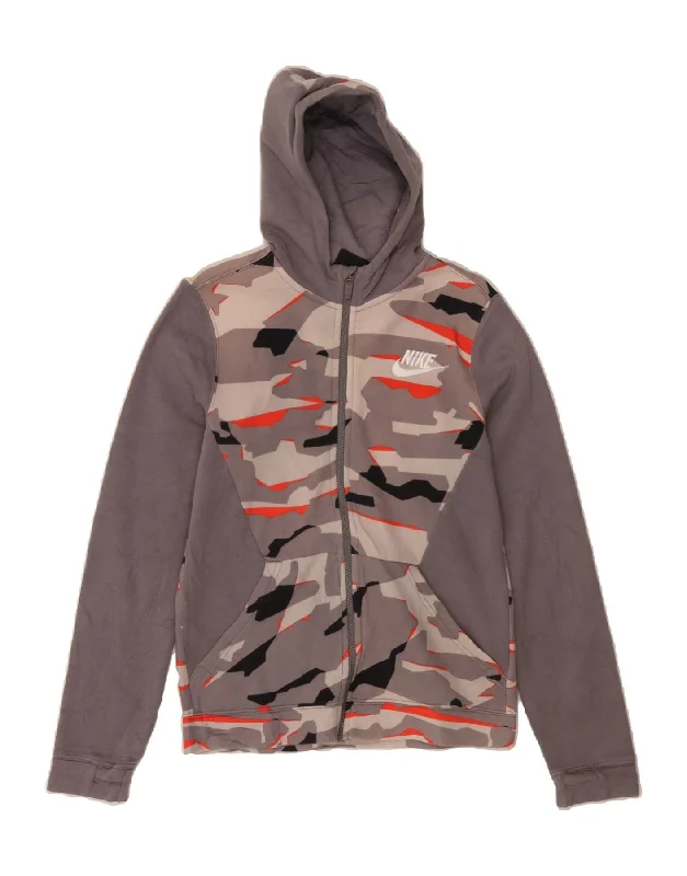 NIKE Womens Zip Hoodie Sweater UK 18 XL Grey Camouflage Cotton Toggled Drawstring Belted