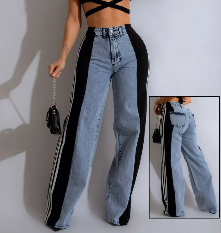 Women's Striped High Waist Straight Leg Denim Pants Casual Yoga Pants