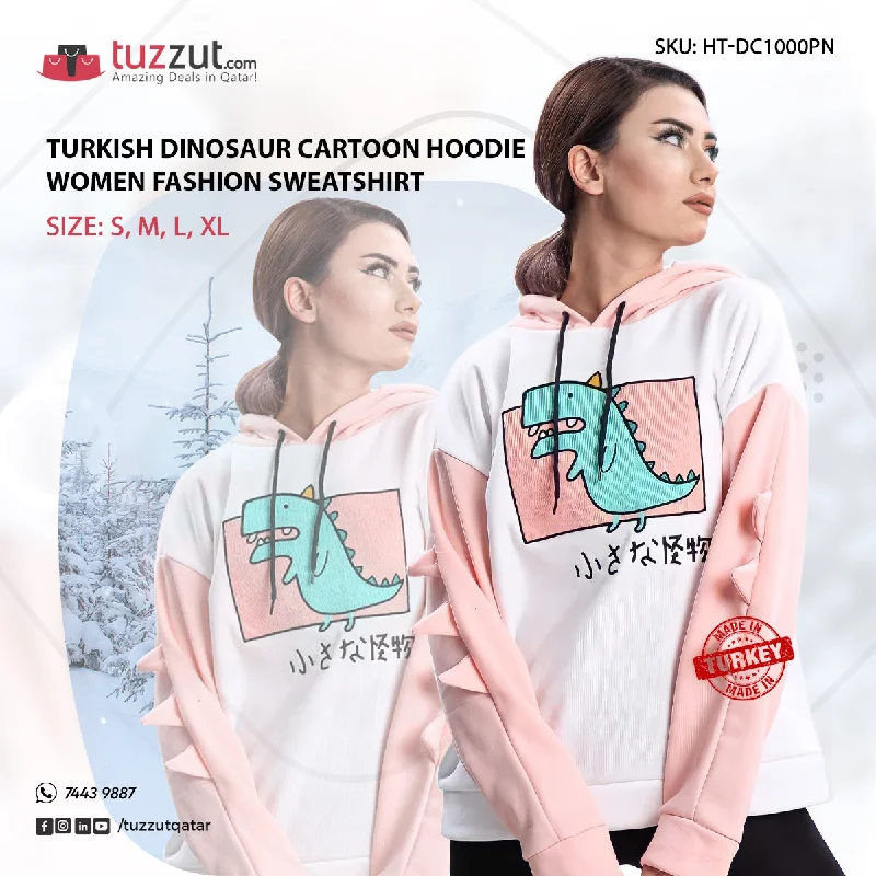 Turkish Dinosaur Cartoon Hoodie Women Fashion Sweatshirt - Pink Hoodie with Pattern Geometric Abstract