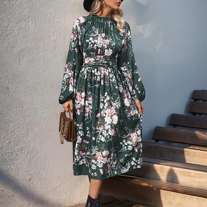 IKEARLAX New autumn new retro printing temperament elegant high waist dress long sleeve stand-up collar hot sale women's long dress Casual Short Summer