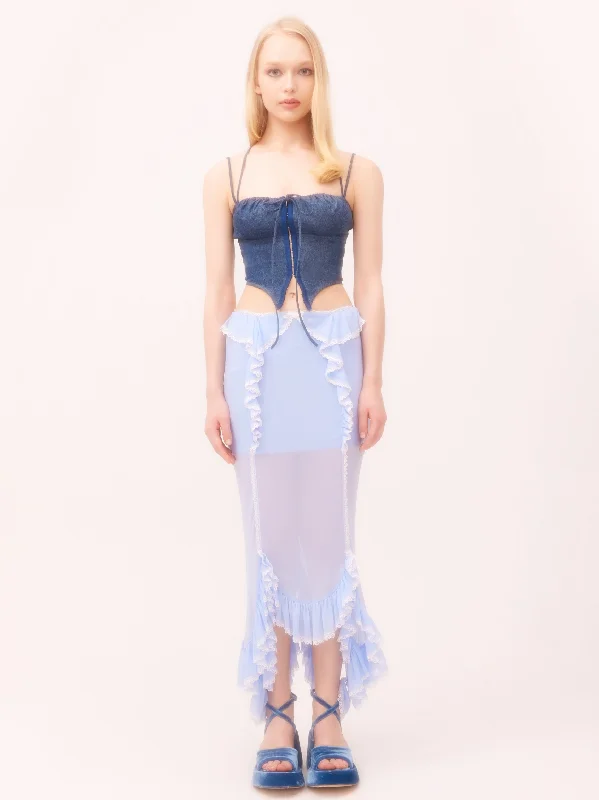 Nodress Lace Trim Baby  Blue Netting Ruffled Fishtail Skirt button skirt front