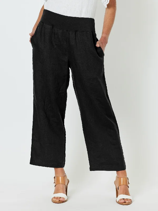 Lara Linen Wide Leg Pant - Black Chic Wool Trousers