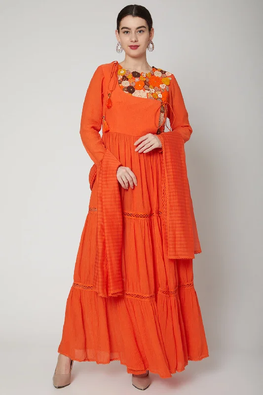 Orange angarakha anarkali dress Tunics Spring floral