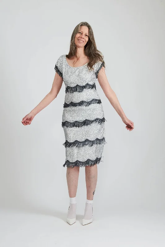 Octavia Dress in Silver Sequin Turtleneck Neckline Stylish