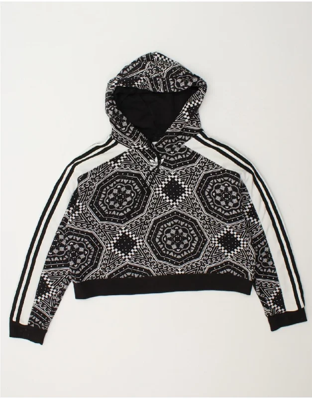 ADIDAS Womens Oversized Crop Hoodie Jumper UK 10 Small Black Geometric Hoodie with Hem Frayed Vintage Worn