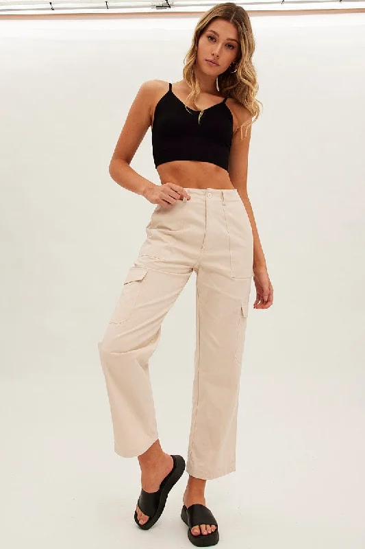 Beige Cargo Pants Mid Rise Formal Wide-Leg Pants