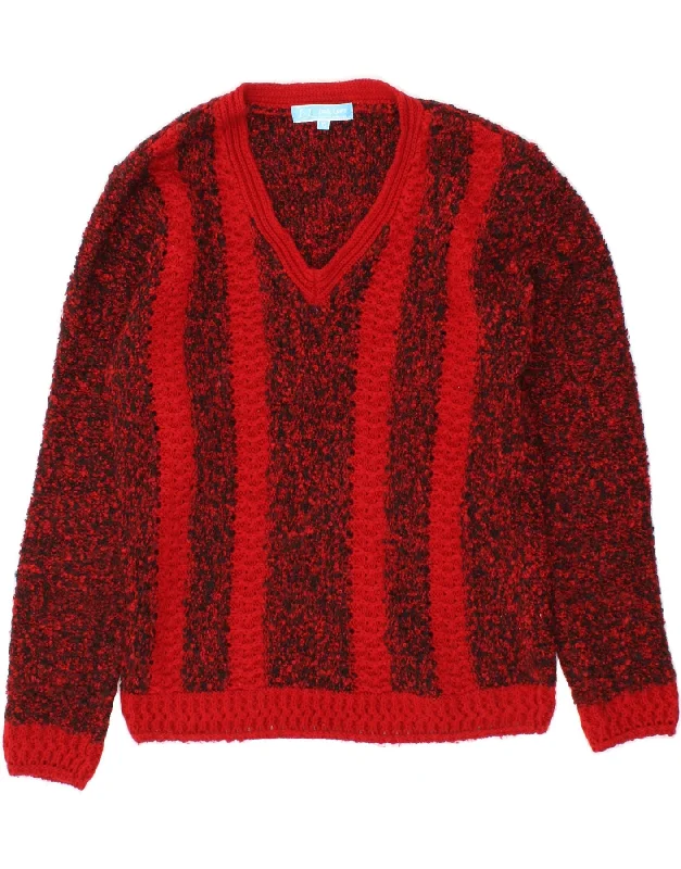VINTAGE Womens V-Neck Jumper Sweater UK 10 Small Red Striped Wool Terry Blend Velvet Blend Canvas Blend VINTAGE Womens V-Neck Jumper Sweater UK 10 Small Red Striped Wool Terry Blend Velvet Blend Canvas Blend