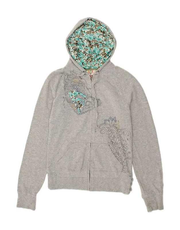 ROXY Womens Graphic Zip Hoodie Sweater UK 14 Large Grey Paisley Cotton Transparent Opaque Sheer ROXY Womens Graphic Zip Hoodie Sweater UK 14 Large Grey Paisley Cotton Transparent Opaque Sheer