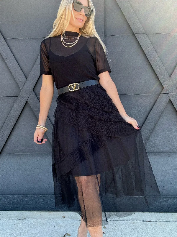Frill Mesh Skirt In Black boho skirt vibe