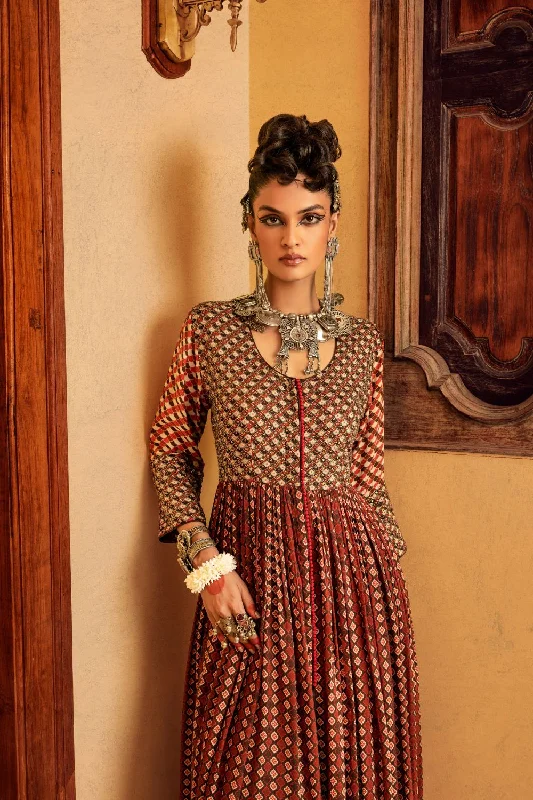 Brown Printed  & Embroidered Dress Tunics Luxurious premium