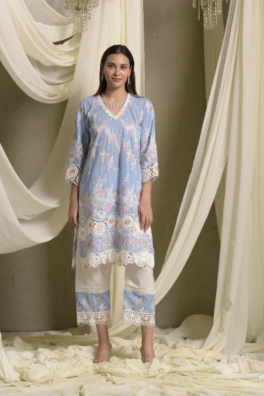 Myra Mesh Floral Lace Kurta With Pants - Blue Wide-Legged Palazzos