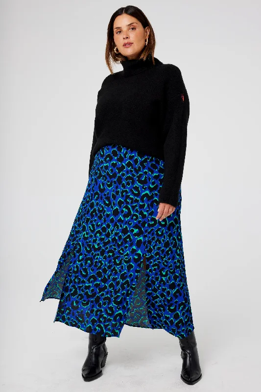 Blue with Green and Black Shadow Leopard Split Front Skirt high slit skirt