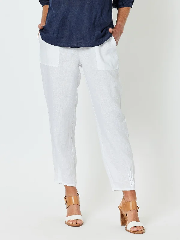 Sarah Linen Pleat Hem Pant - White Formal Stretch Pants