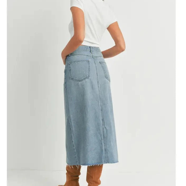 Open-Slit Denim Midi Skirt pencil skirt chic