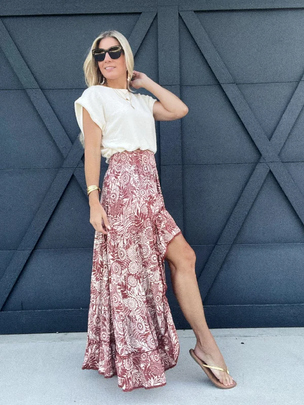 Floral High Low Skirt In Ginger midi skirt versatile