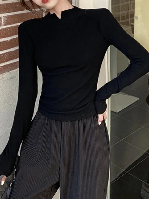 Solid Notch Neck Slim Knit Sweater Graphic Sweater Embroidered Appliqued