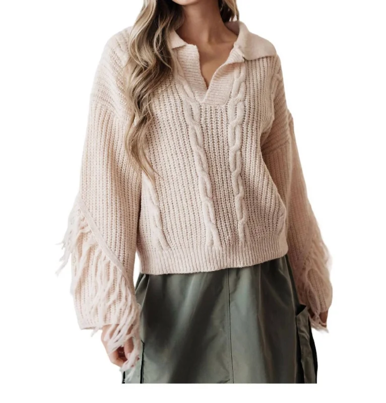 Sweet Surrender Fringe Sweater In Beige Handmade Hand-knitted Hand-woven