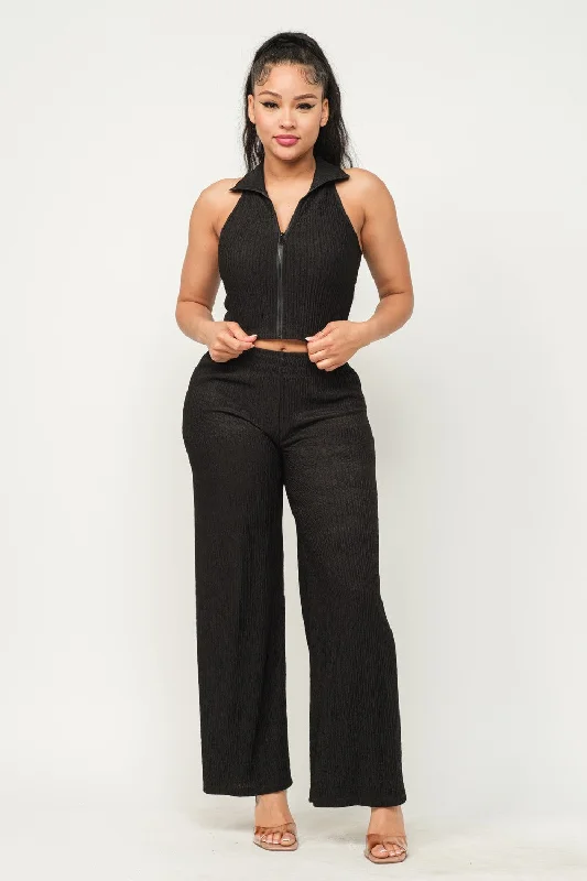 Winkle Textured Cropped Top / Pants Set Stylish Slim Trousers