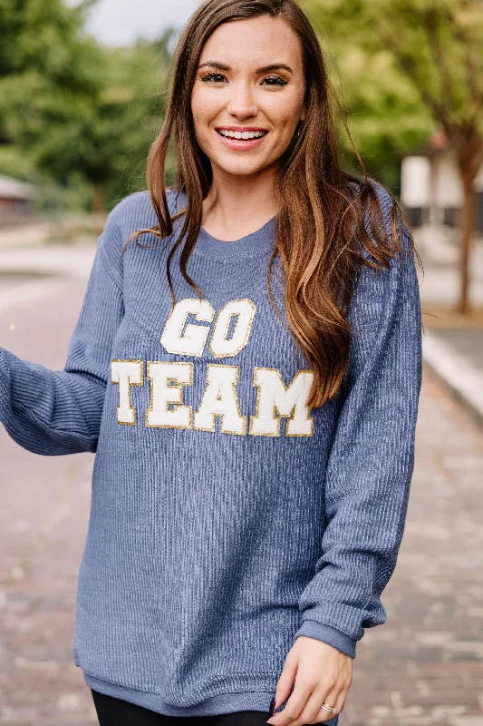 Go Team Navy Blue Varsity Corded Sweatshirt Hoodie with Button Placket Classic Preppy Go Team Navy Blue Varsity Corded Sweatshirt Hoodie with Button Placket Classic Preppy