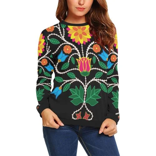 Floral Beadwork-03 Crewneck Sweatshirt for Women Hoodie with Raw Hem Edgy Unfinished