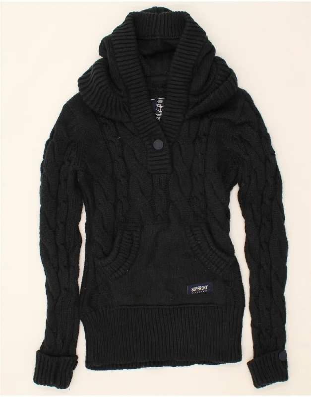 SUPERDRY Womens Hooded V-Neck Jumper Sweater UK 14 Large Black Acrylic Tailored Straight A-Line