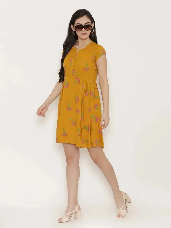 Short Block printed dress with front placket and side gathers in Mustard Tunics Review highly Short Block printed dress with front placket and side gathers in Mustard Tunics Review highly