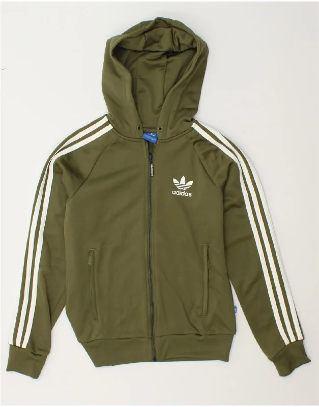 ADIDAS Womens Zip Hoodie Sweater UK 8 Small Khaki Polyester Ribbed Striped Patterned ADIDAS Womens Zip Hoodie Sweater UK 8 Small Khaki Polyester Ribbed Striped Patterned