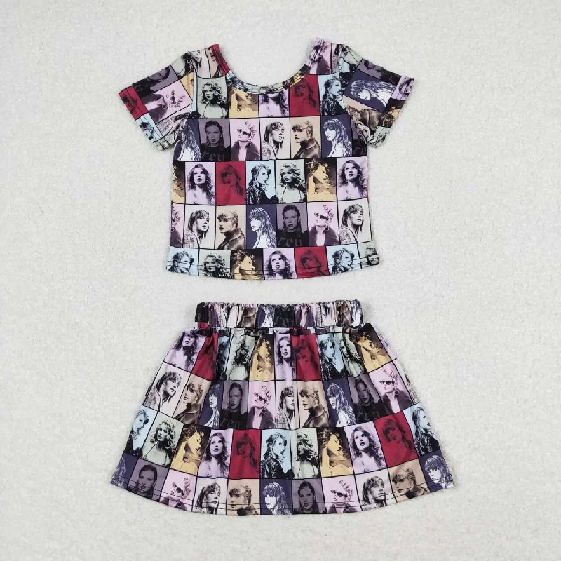 GSD1124 taylor Photo Short sleeve skirt set High quality linen skirt light