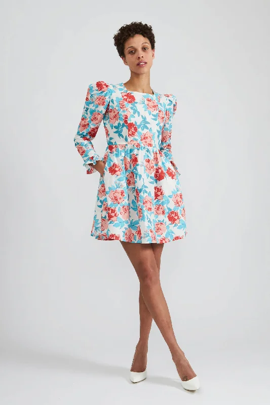 Square Neck Mini Prairie Dress in Painted Rose Boat Neckline Classic