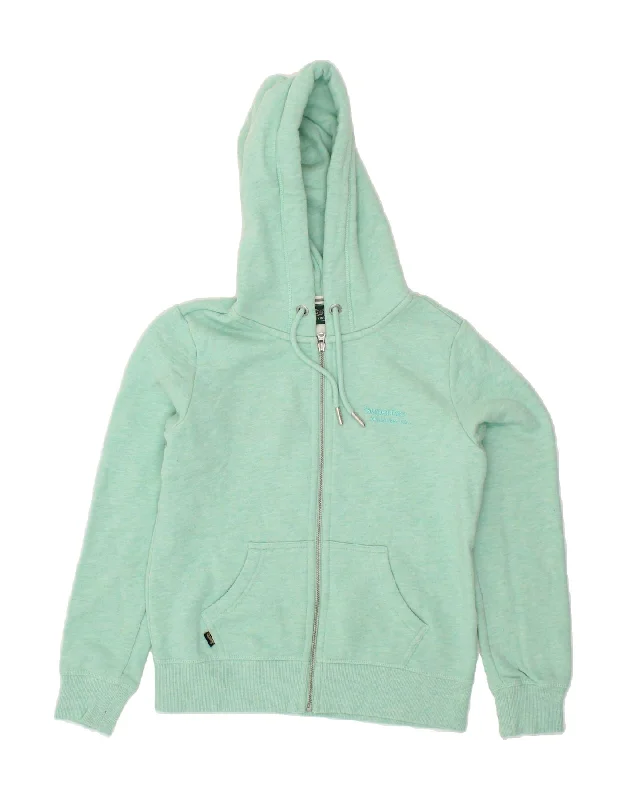 SUPERDRY Womens Zip Hoodie Sweater UK 8 Small Turquoise Flecked Cotton Chenille Fabric Brocade Fabric Lace Fabric