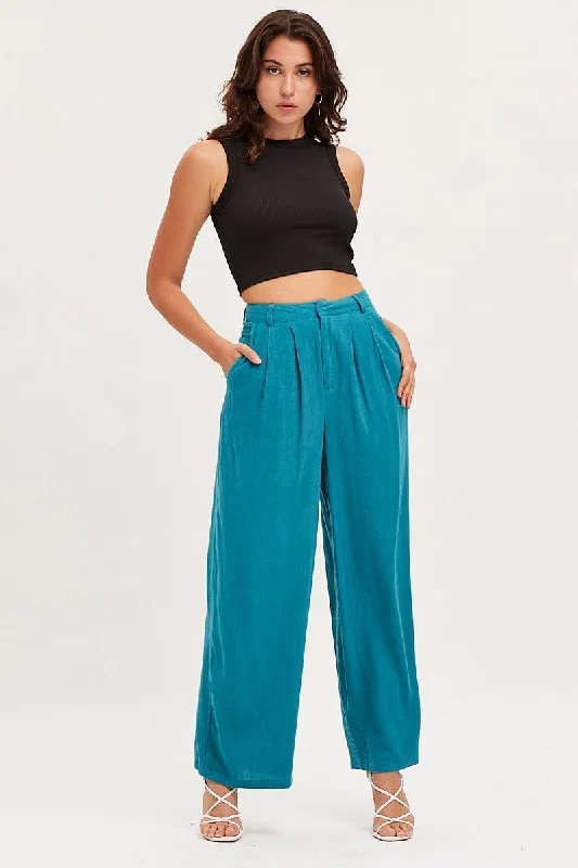 Blue Wide Leg Pants High Rise Comfortable Pleated Pants