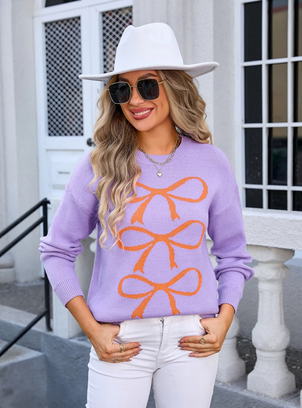 Colour Matching Bow Long Sleeve Sweater Welt Pockets Slit Pockets Flap Pockets