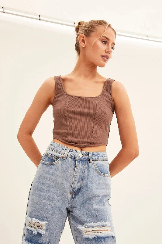 Brown Corset Crop Rib Curve Hem Tank one shoulder tank