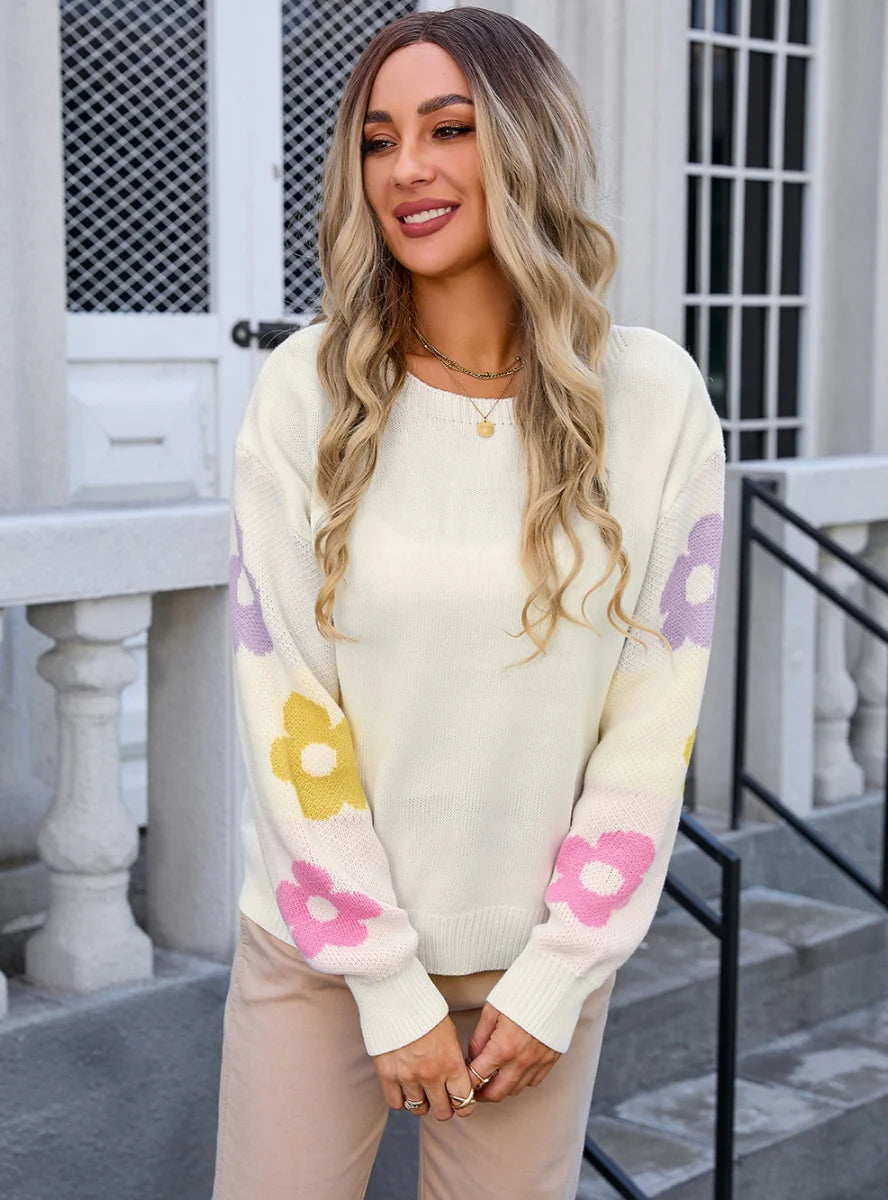 Loose Flowers Print Long Sleeve Sweater Fitted Slim Tailored