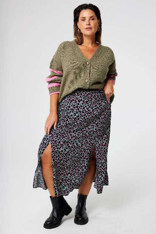 Khaki with Pink and Black Small Shadow Leopard Split Front Skirt patchwork skirt art