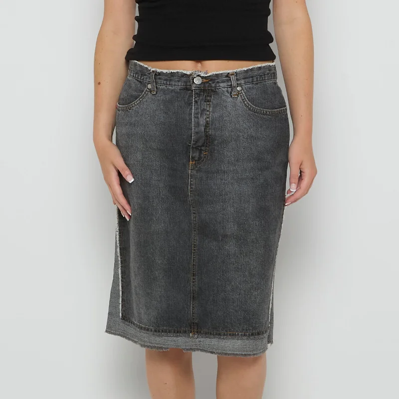 Black Denim Frayed Waist and Pocket  Skirt - UK 12 silk skirt smooth