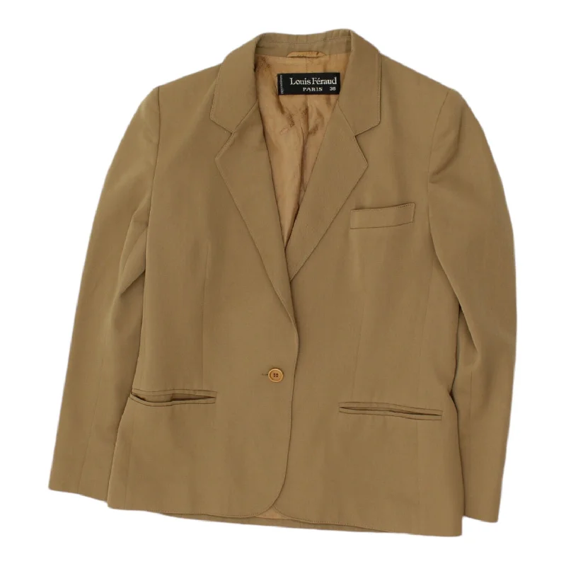 Louis Feraud Womens Camel Brown Blazer Jacket | Vintage High End Designer Suit Ribbed Jacket Pleated Jacket Ruffled Jacket Louis Feraud Womens Camel Brown Blazer Jacket | Vintage High End Designer Suit Ribbed Jacket Pleated Jacket Ruffled Jacket