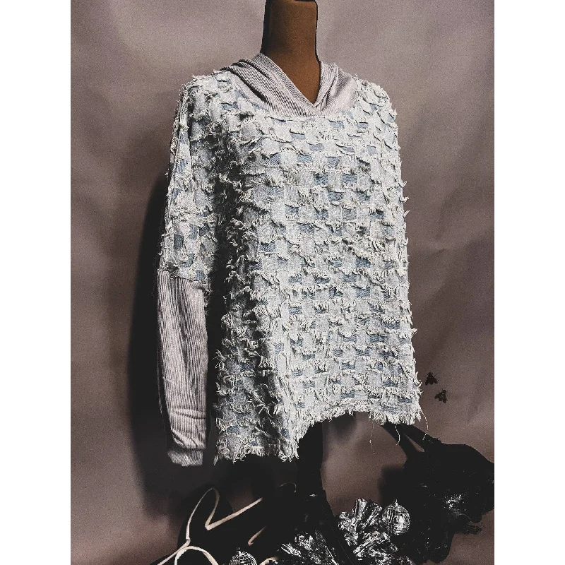 Check One Two Poncho | Checkered Denim Grey Sweatshirt [Sizes S/M-L/XL] Hoodie with Hem Fringe Bohemian Relaxed