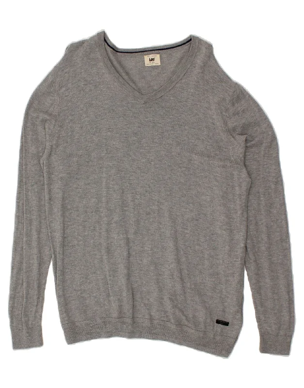 LEE Womens V-Neck Jumper Sweater 2XL Grey Cotton Neon Metallic Matte