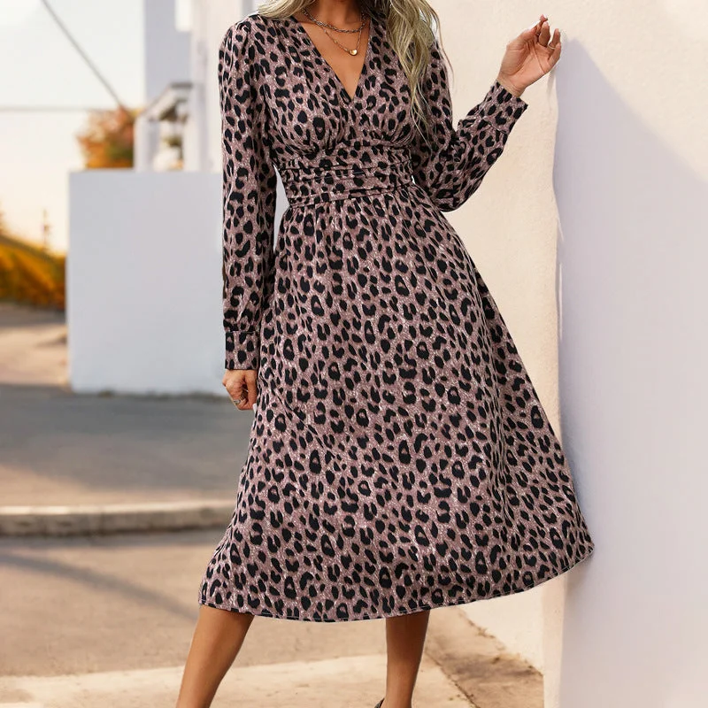 IKEARLAX 's new leopard print long-sleeved dress, 2025  temperament commuting high-waisted V-neck women's long dress Tunics Summer linen