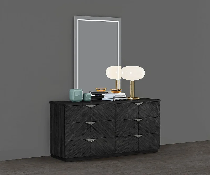 Grey Six-Drawer Dresser & Mirror With LED Lights - Model Stark Tunics Cozy comfortable Grey Six-Drawer Dresser & Mirror With LED Lights - Model Stark Tunics Cozy comfortable