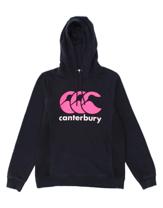 CANTERBURY Womens Graphic Hoodie Jumper UK 14 Large  Navy Blue Colourblock Hoodie with Typography Text Message