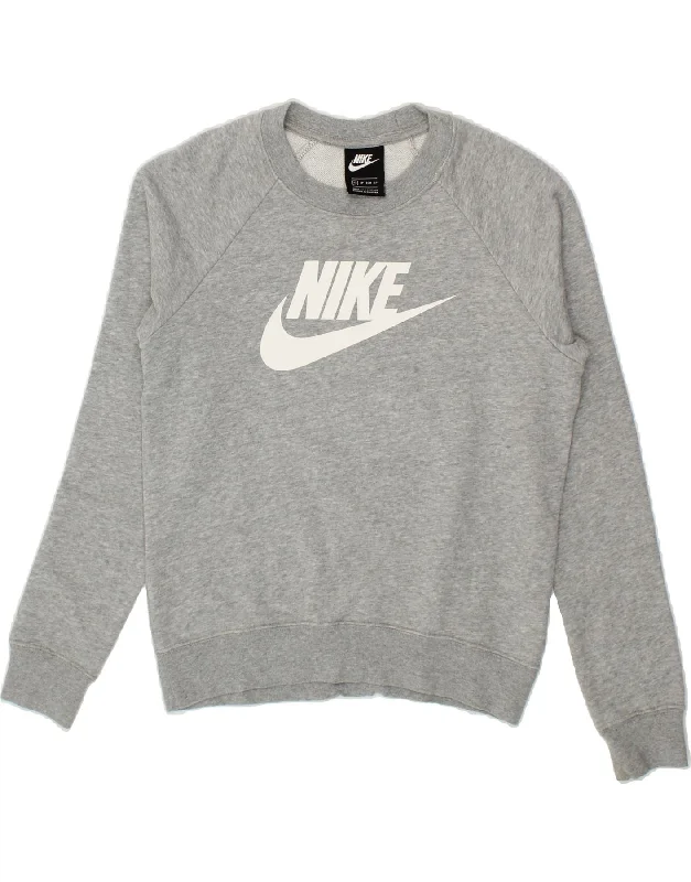 NIKE Womens Oversized Graphic Sweatshirt Jumper UK 6  XS Grey Cotton Hoodie with Patch Decorative Personalized